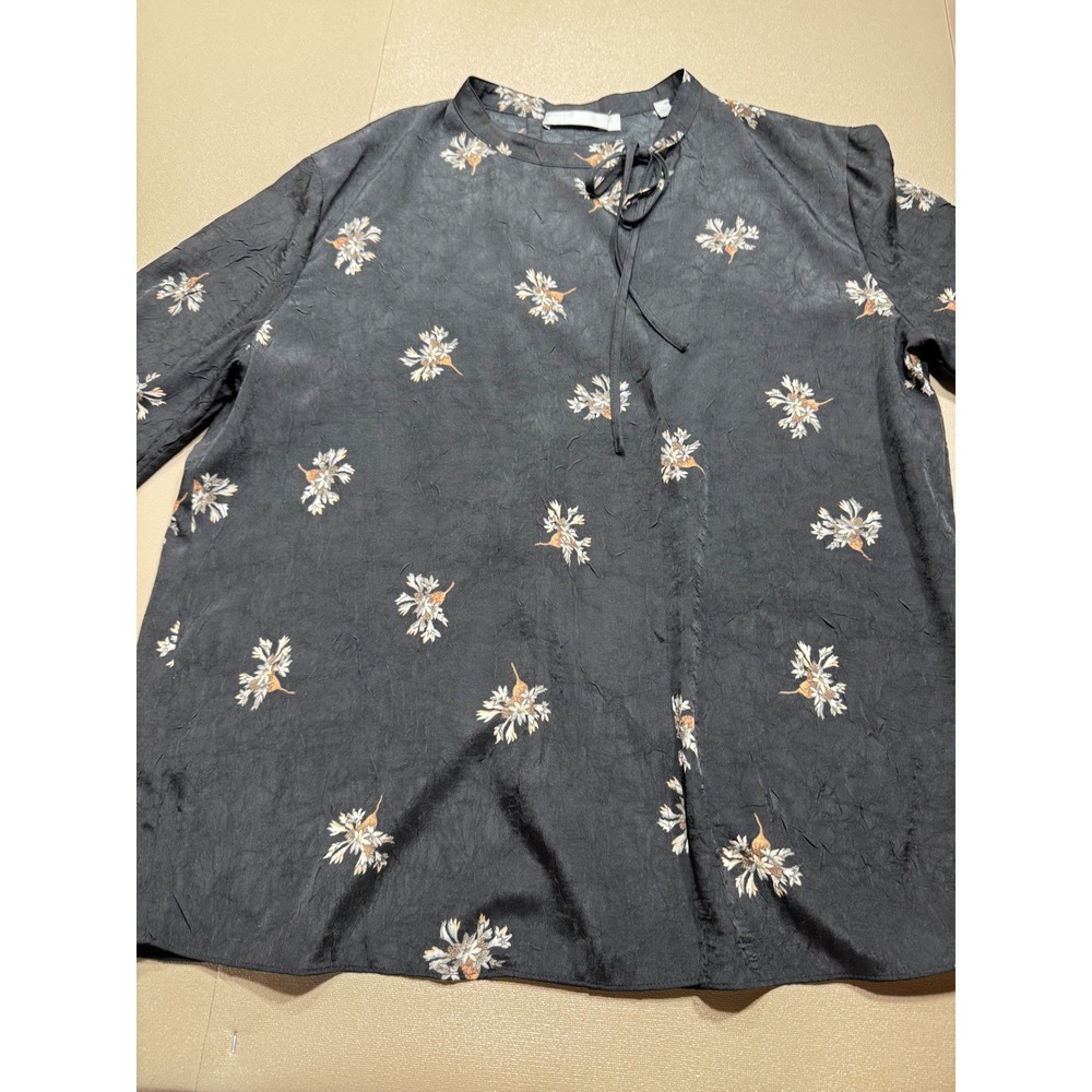 Vince Textured Floral Tie Neck Blouse Black Long Sleeve Crinkle Top‎ Medium